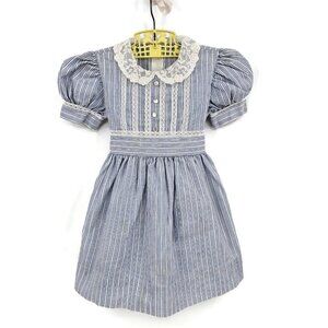 Vtg Bow Age Blue Stripe Prairie Party Dress Girls 4 Lace Collar